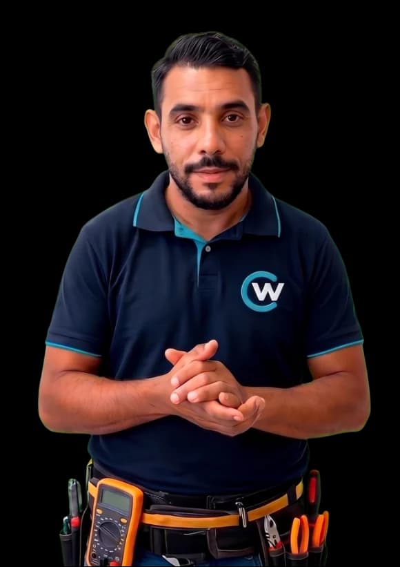 César, eletricista responsável pela CW Elétrica e Climatização, com o uniforme novo e cinto de ferramentas